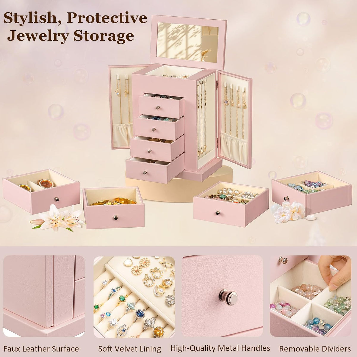 Jewelry Boxes for Women, 5-Layer Large Leather Jewelry Organizer Box with Mirror and Drawers, Jewelry Storage for Necklaces Earrings Rings Bracelets (Pink)
