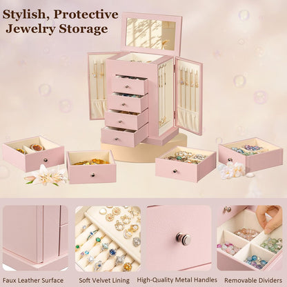 Jewelry Boxes for Women, 5-Layer Large Leather Jewelry Organizer Box with Mirror and Drawers, Jewelry Storage for Necklaces Earrings Rings Bracelets (Pink)