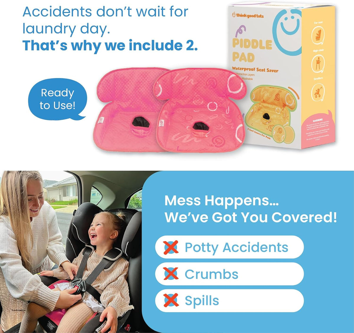 Piddle Pad 2-Pack, Potty Training Car Seat Protector, Toddler Car Seat Cover & Stroller Protector, Machine Washable Waterproof Car Seat, Anti-Slip, Universal Fit (Pink)