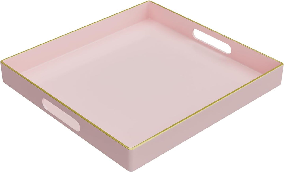 Pink Decorative Tray, Square Plastic Serving Tray with Handles