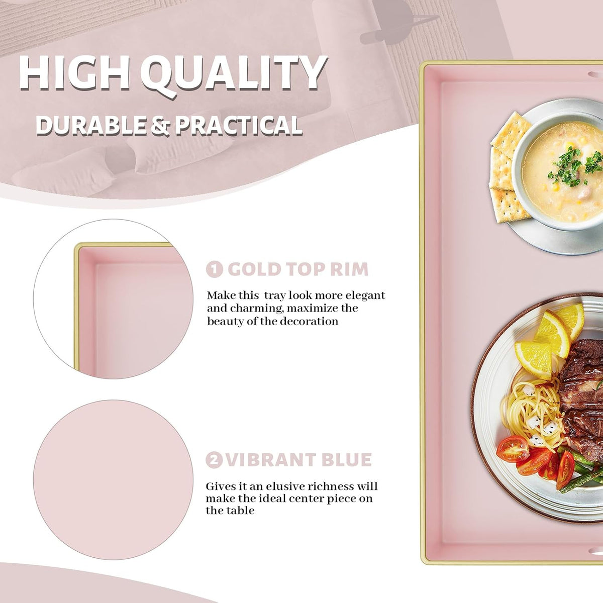 Pink Decorative Tray, Square Plastic Serving Tray with Handles