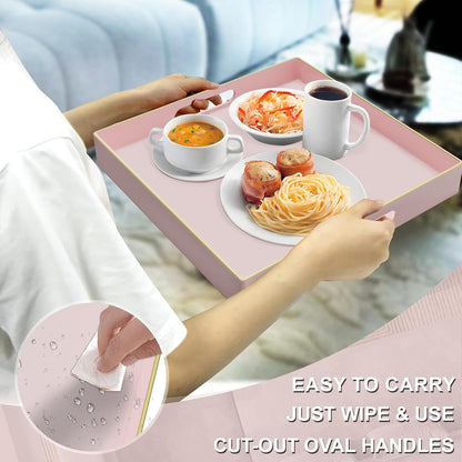 Pink Decorative Tray, Square Plastic Serving Tray with Handles