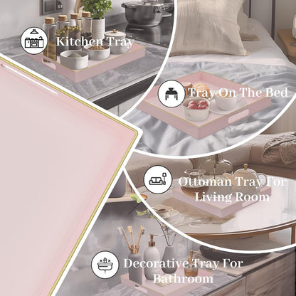 Pink Decorative Tray, Square Plastic Serving Tray with Handles