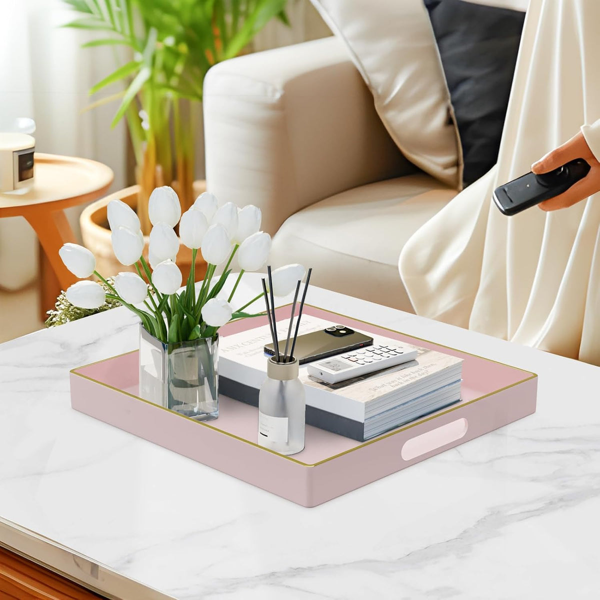 Pink Decorative Tray, Square Plastic Serving Tray with Handles