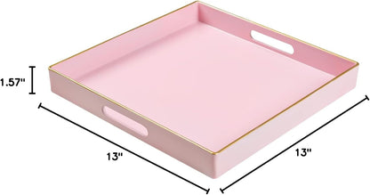 Pink Decorative Tray, Square Plastic Serving Tray with Handles
