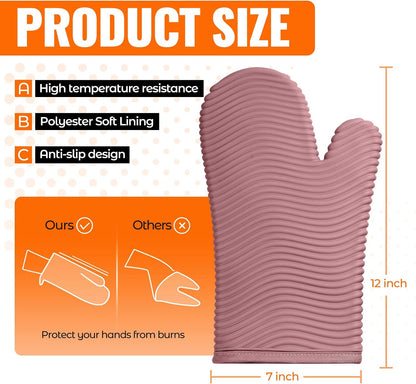 Silicone Oven Mitts,Heat Resistant Oven Gloves with Soft Polyester Filling,Perfect for BBQ, Baking and Cooking,Pink,2 Pcs Set