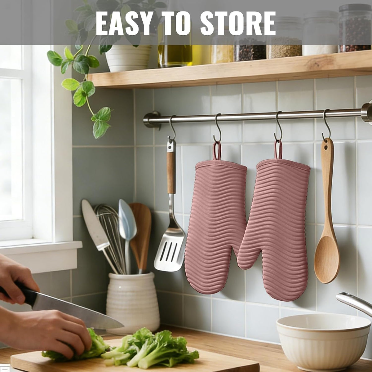 Silicone Oven Mitts,Heat Resistant Oven Gloves with Soft Polyester Filling,Perfect for BBQ, Baking and Cooking,Pink,2 Pcs Set