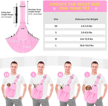 Lukovee Pet Sling, Hand Free Dog Sling Carrier Adjustable Padded Strap Tote Bag, Shoulder Bag with Safety Belt & Front Pocket for Small Dog Cat Puppy (Pink-WY,S)