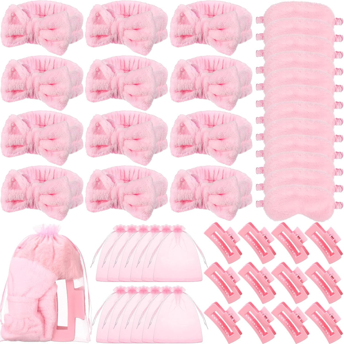 48 Pcs Spa Party Supplies Sleepover Essentials Spa Headband Plush Eye Mask Claw Clips Organza Bag for Birthday Party Women Adult Slumber Supplies (Pink)