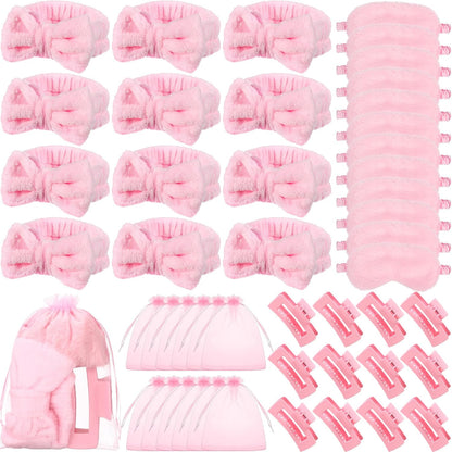 48 Pcs Spa Party Supplies Sleepover Essentials Spa Headband Plush Eye Mask Claw Clips Organza Bag for Birthday Party Women Adult Slumber Supplies (Pink)