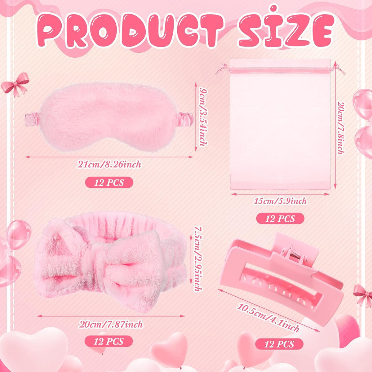 48 Pcs Spa Party Supplies Sleepover Essentials Spa Headband Plush Eye Mask Claw Clips Organza Bag for Birthday Party Women Adult Slumber Supplies (Pink)
