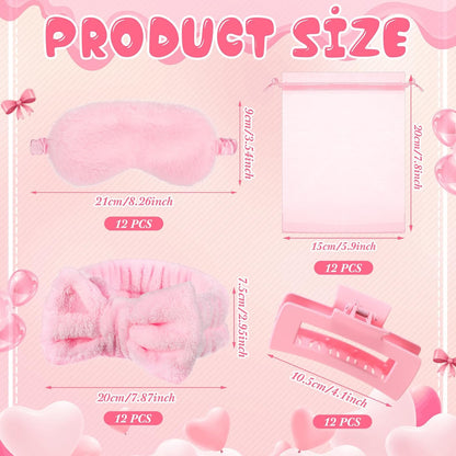 48 Pcs Spa Party Supplies Sleepover Essentials Spa Headband Plush Eye Mask Claw Clips Organza Bag for Birthday Party Women Adult Slumber Supplies (Pink)