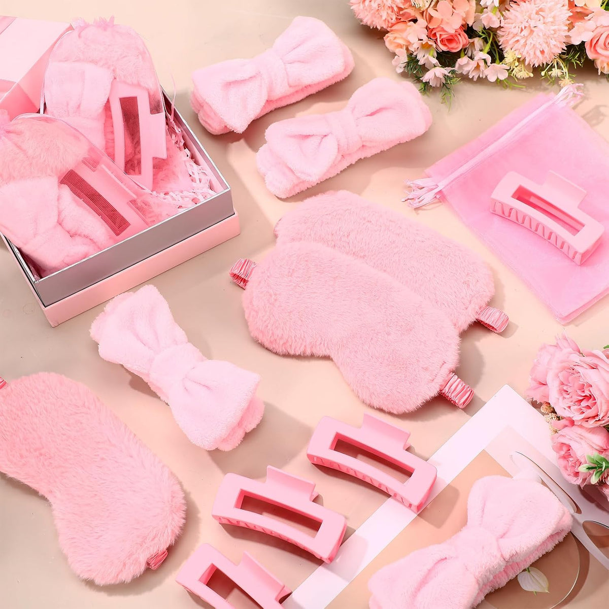 48 Pcs Spa Party Supplies Sleepover Essentials Spa Headband Plush Eye Mask Claw Clips Organza Bag for Birthday Party Women Adult Slumber Supplies (Pink)