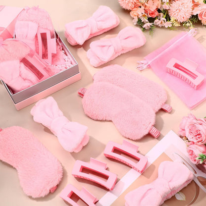 48 Pcs Spa Party Supplies Sleepover Essentials Spa Headband Plush Eye Mask Claw Clips Organza Bag for Birthday Party Women Adult Slumber Supplies (Pink)