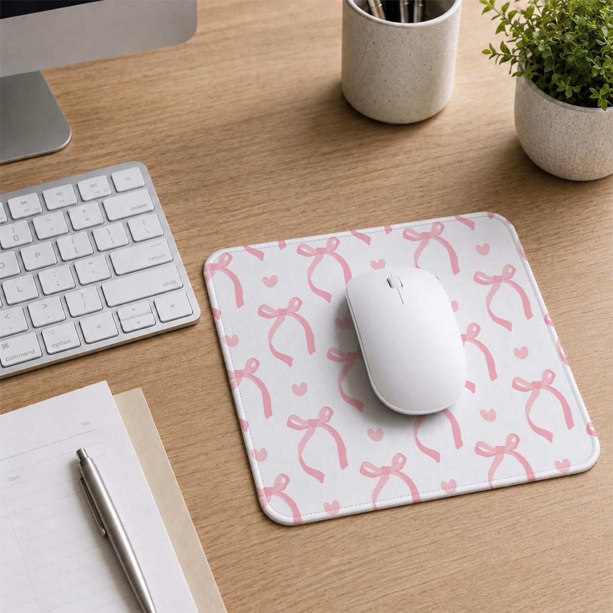 Cute Light Pink Bow Girly Aesthetic Office Mouse Pad, 9.5x7.9 inch