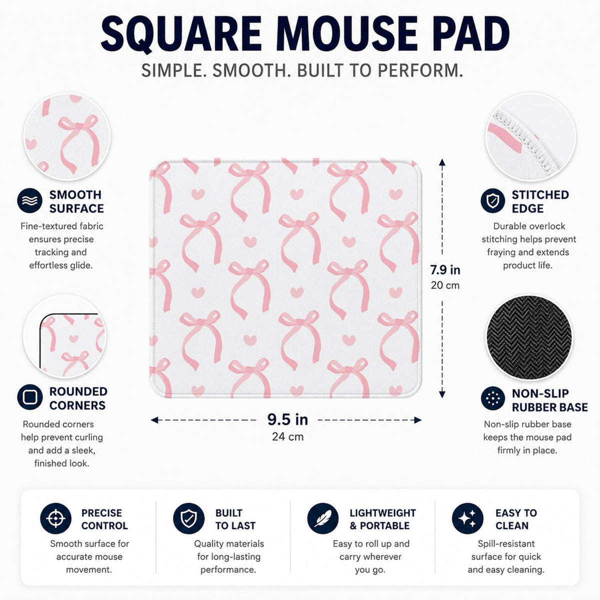 Cute Light Pink Bow Girly Aesthetic Office Mouse Pad, 9.5x7.9 inch