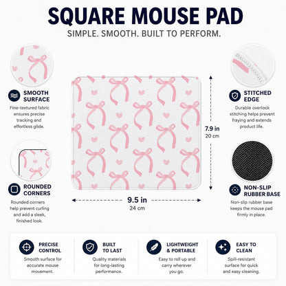Cute Light Pink Bow Girly Aesthetic Office Mouse Pad, 9.5x7.9 inch