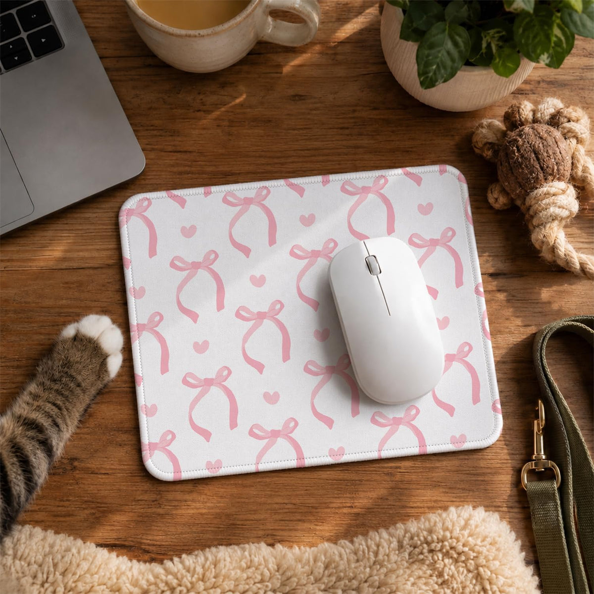 Cute Light Pink Bow Girly Aesthetic Office Mouse Pad, 9.5x7.9 inch