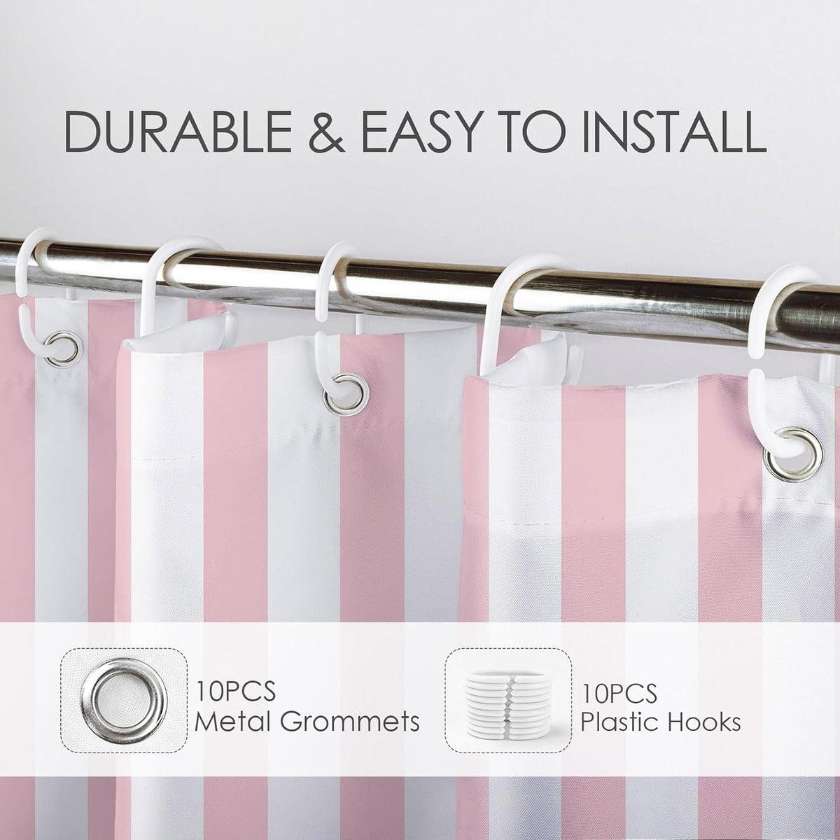 Pink and White Striped Fabric Shower Curtain for Bathroom with 10 Hooks, Vertical Stripe Geometric Shower Curtains for Bathroom, Modern Farmhouse Chic Style Bathroom Shower Curtains, 60x72 Inch
