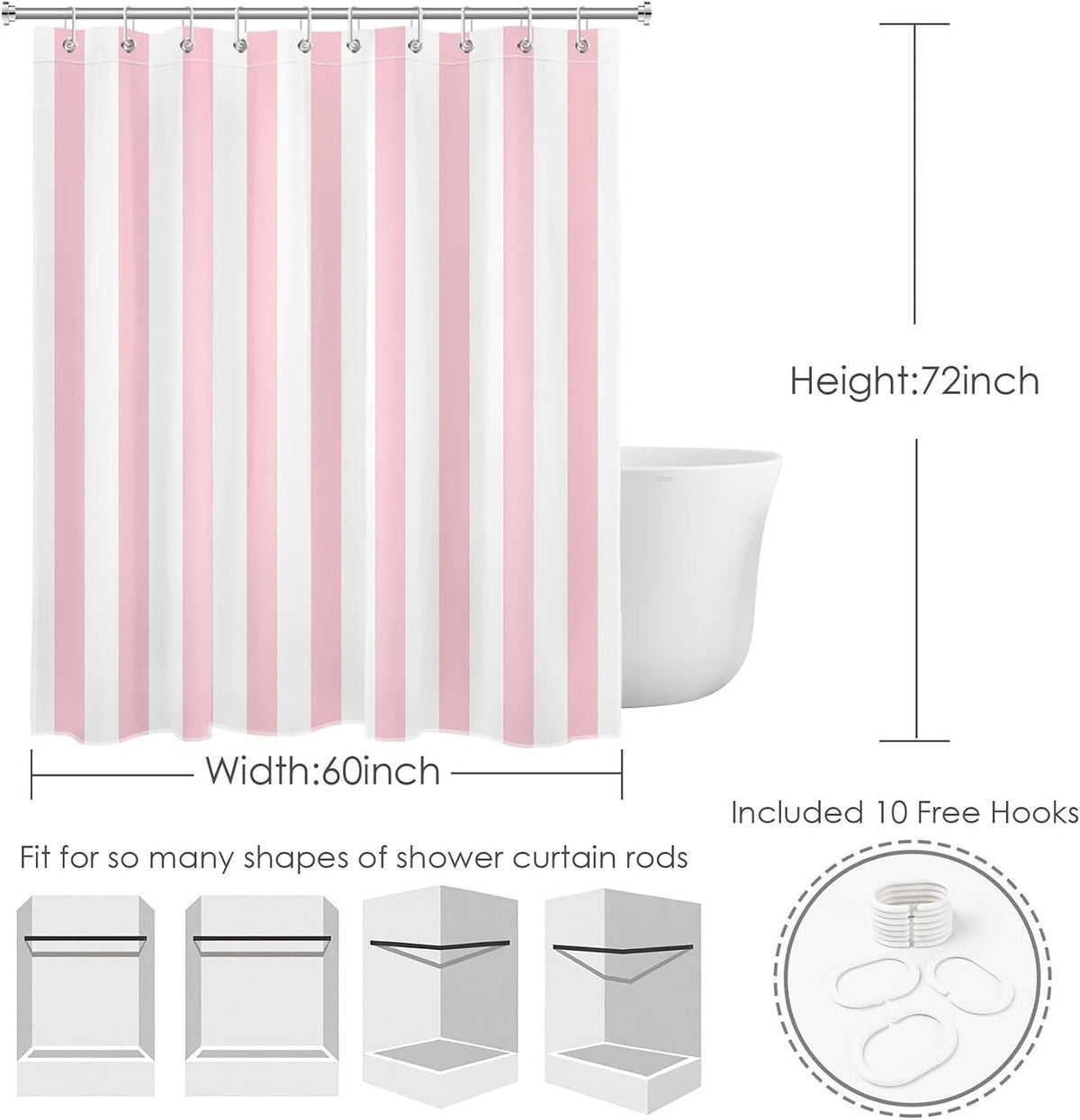 Pink and White Striped Fabric Shower Curtain for Bathroom with 10 Hooks, Vertical Stripe Geometric Shower Curtains for Bathroom, Modern Farmhouse Chic Style Bathroom Shower Curtains, 60x72 Inch