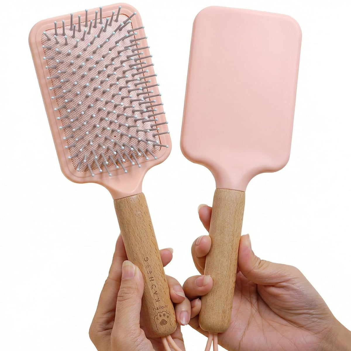Paddle Detangling Hair Brushes for Women, Detangler Brush for Thick, Curly, Long, Wet & Dry Hair, Hairbrush with Solid Wood Handle & Cushion Base (Pink)
