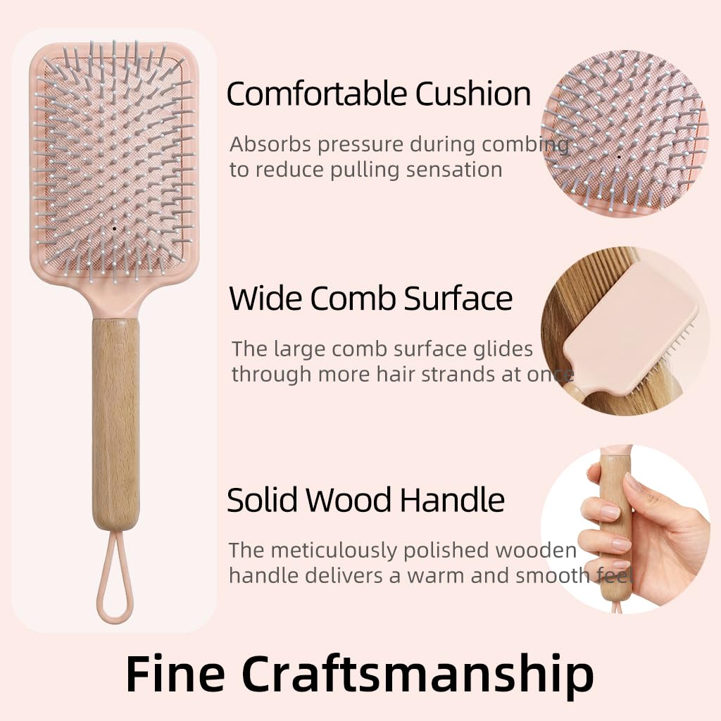 Paddle Detangling Hair Brushes for Women, Detangler Brush for Thick, Curly, Long, Wet & Dry Hair, Hairbrush with Solid Wood Handle & Cushion Base (Pink)