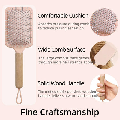 Paddle Detangling Hair Brushes for Women, Detangler Brush for Thick, Curly, Long, Wet & Dry Hair, Hairbrush with Solid Wood Handle & Cushion Base (Pink)