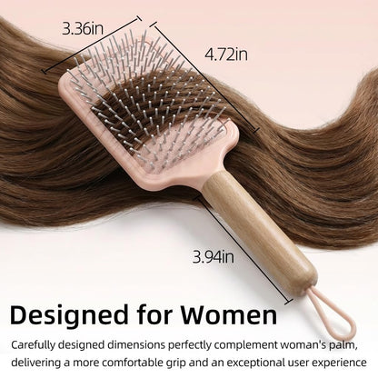 Paddle Detangling Hair Brushes for Women, Detangler Brush for Thick, Curly, Long, Wet & Dry Hair, Hairbrush with Solid Wood Handle & Cushion Base (Pink)