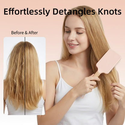 Paddle Detangling Hair Brushes for Women, Detangler Brush for Thick, Curly, Long, Wet & Dry Hair, Hairbrush with Solid Wood Handle & Cushion Base (Pink)