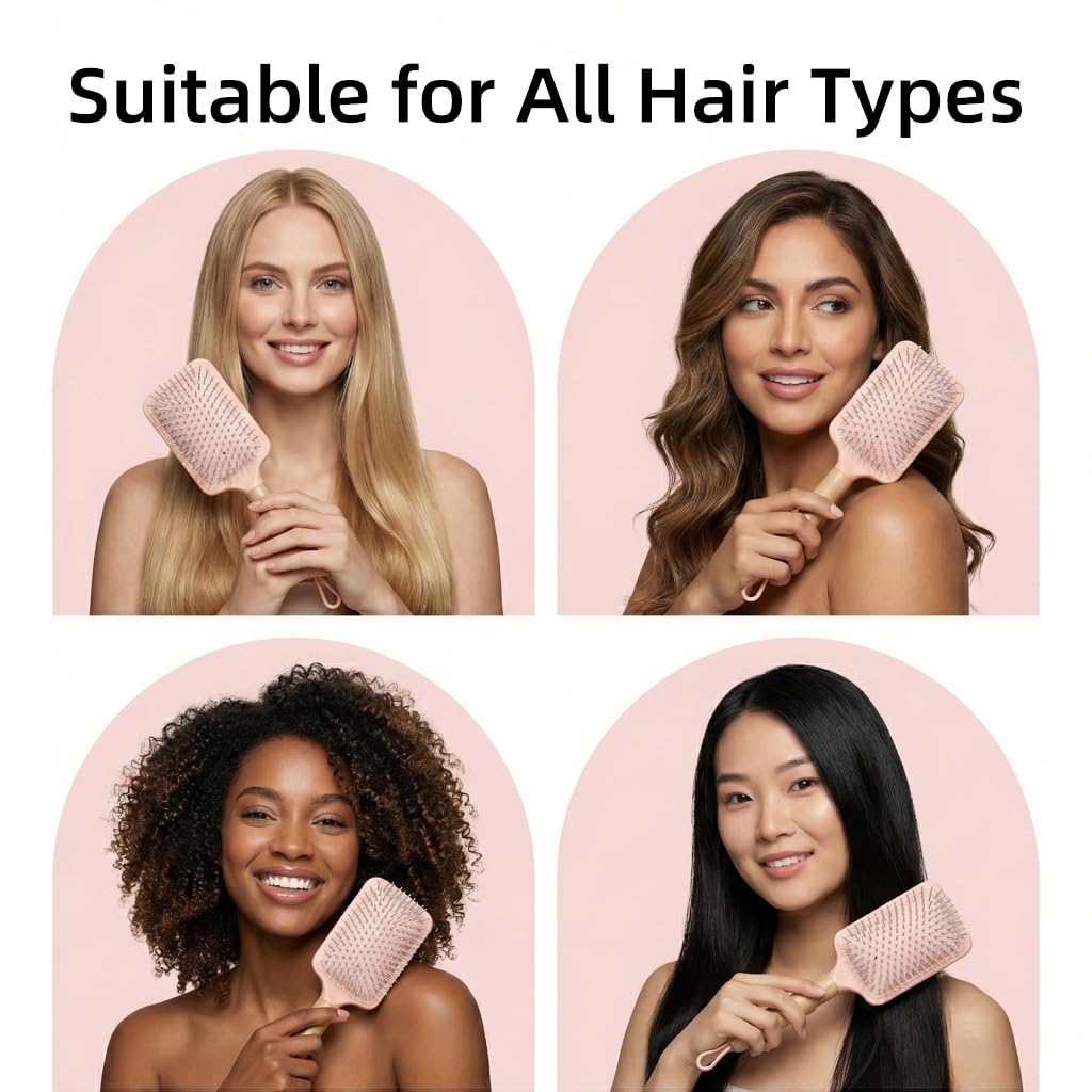 Paddle Detangling Hair Brushes for Women, Detangler Brush for Thick, Curly, Long, Wet & Dry Hair, Hairbrush with Solid Wood Handle & Cushion Base (Pink)