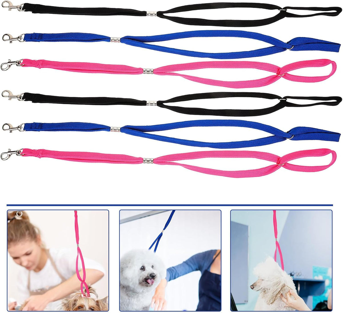 6Pcs Adjustable Nylon Pet Grooming Noose Straps with Sliding Loop for Dog Bathing and Grooming Table Use, Blue Dark Gray Pink Set