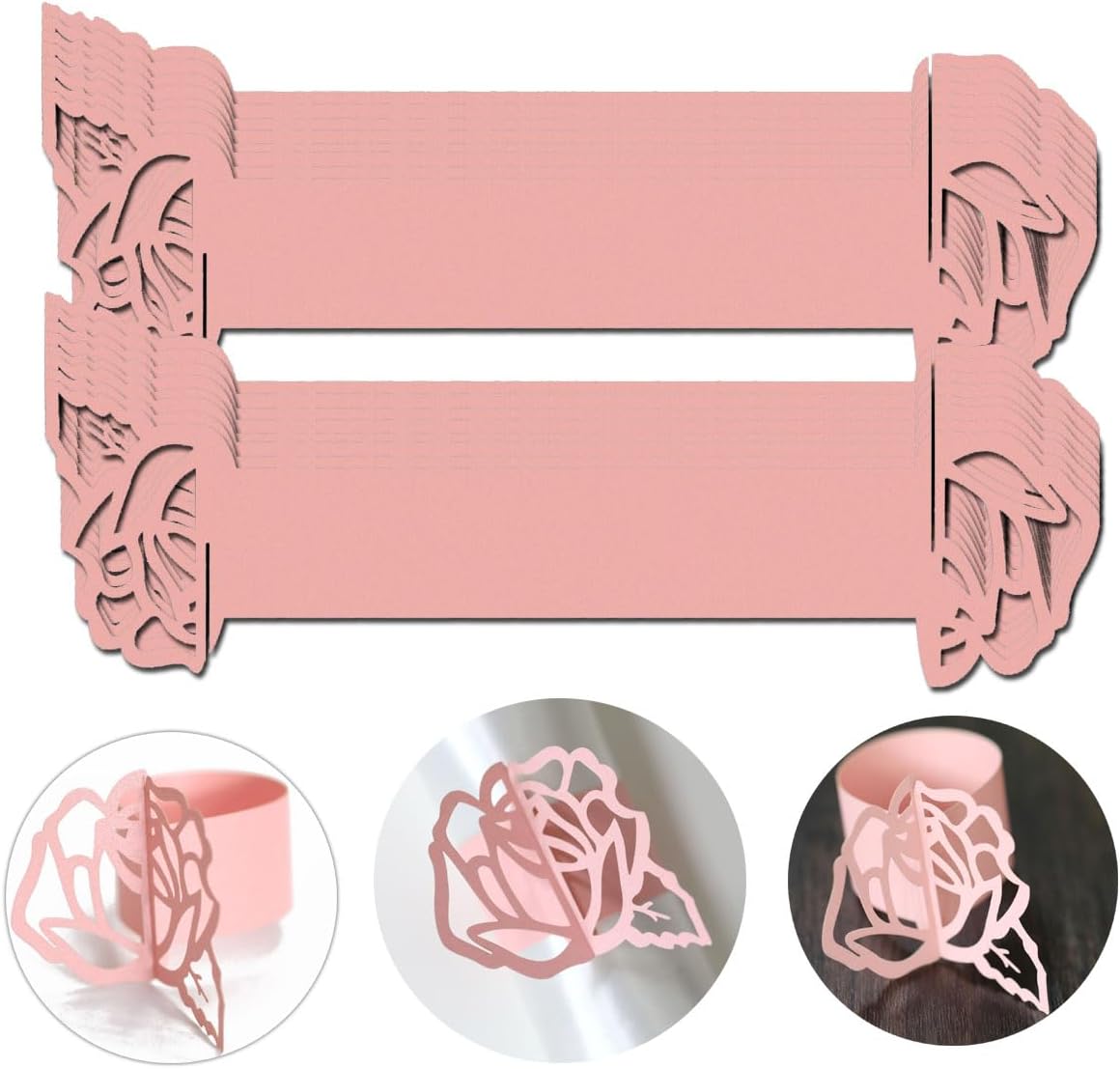 Pink Disposable Rose Flower Napkin Rings Laser Cut Foil Paper Napkin Holder for Wedding Party Dinner Table Decor,Special Events and Catering Services, Christmas, Wedding,Party Decoration (60 Pcs)