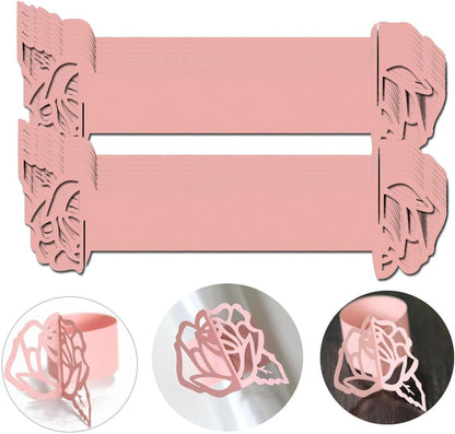 Pink Disposable Rose Flower Napkin Rings Laser Cut Foil Paper Napkin Holder for Wedding Party Dinner Table Decor,Special Events and Catering Services, Christmas, Wedding,Party Decoration (60 Pcs)