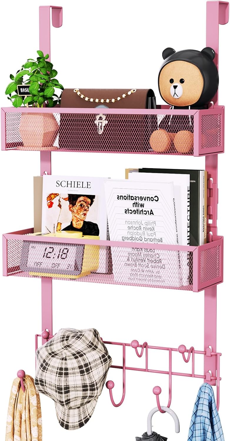 Over The Door Hanger with Coat Hooks and 2 Baskets, Rustproof & Waterproof Pink Over The Door Hooks, Storage Organizer for Hats, Bathroom, Kitchen, Bedroom - Pink
