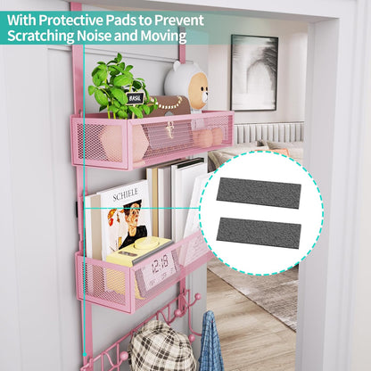Over The Door Hanger with Coat Hooks and 2 Baskets, Rustproof & Waterproof Pink Over The Door Hooks, Storage Organizer for Hats, Bathroom, Kitchen, Bedroom - Pink