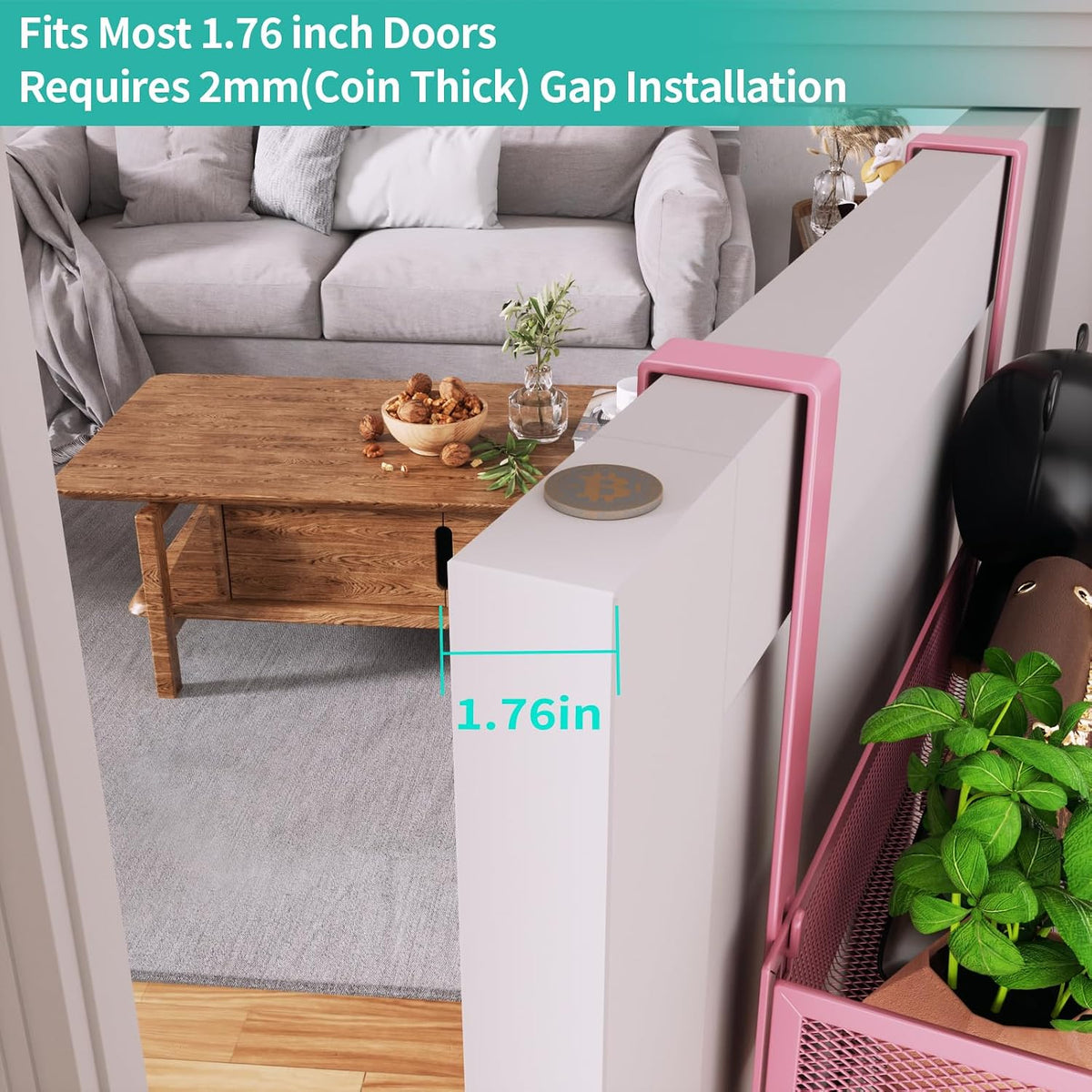 Over The Door Hanger with Coat Hooks and 2 Baskets, Rustproof & Waterproof Pink Over The Door Hooks, Storage Organizer for Hats, Bathroom, Kitchen, Bedroom - Pink