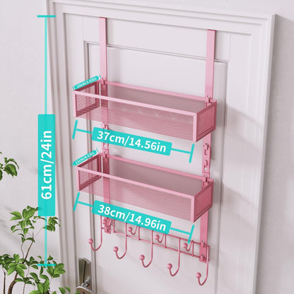 Over The Door Hanger with Coat Hooks and 2 Baskets, Rustproof & Waterproof Pink Over The Door Hooks, Storage Organizer for Hats, Bathroom, Kitchen, Bedroom - Pink