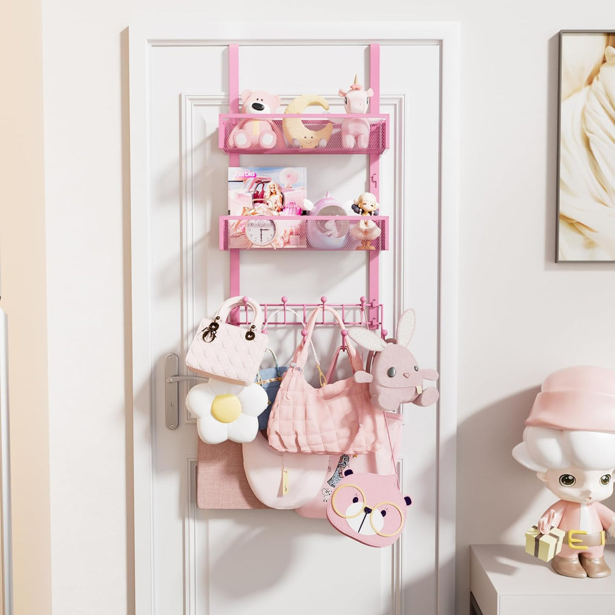Over The Door Hanger with Coat Hooks and 2 Baskets, Rustproof & Waterproof Pink Over The Door Hooks, Storage Organizer for Hats, Bathroom, Kitchen, Bedroom - Pink