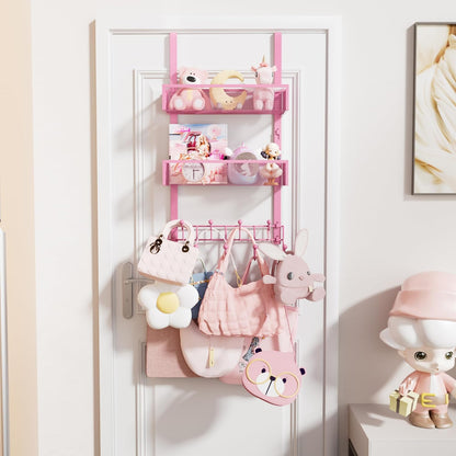 Over The Door Hanger with Coat Hooks and 2 Baskets, Rustproof & Waterproof Pink Over The Door Hooks, Storage Organizer for Hats, Bathroom, Kitchen, Bedroom - Pink