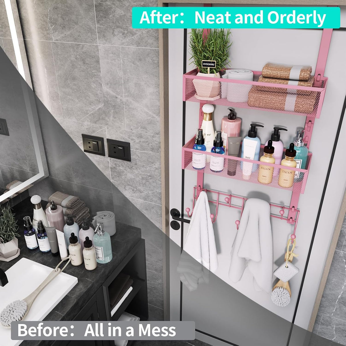 Over The Door Hanger with Coat Hooks and 2 Baskets, Rustproof & Waterproof Pink Over The Door Hooks, Storage Organizer for Hats, Bathroom, Kitchen, Bedroom - Pink