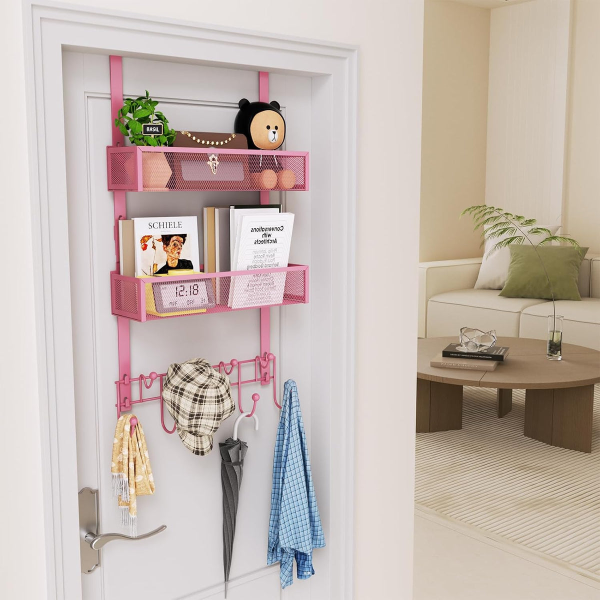 Over The Door Hanger with Coat Hooks and 2 Baskets, Rustproof & Waterproof Pink Over The Door Hooks, Storage Organizer for Hats, Bathroom, Kitchen, Bedroom - Pink