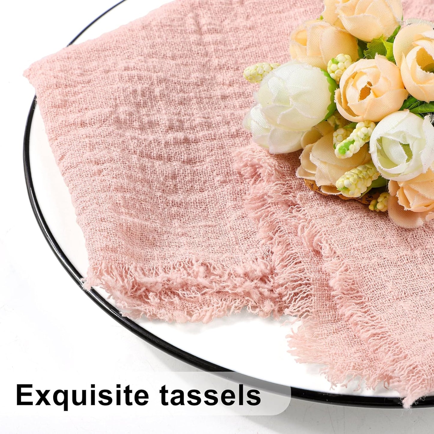 TURSTIN 24 Pieces Cotton Linen Cloth Napkin Handmade Cloth Napkin with Fringe 17 x 17 Inch Soft Cloth Dinner Wedding Napkin Square Rustic Fringe Table Napkin for Dinners, Parties, Weddings, Dusty Pink