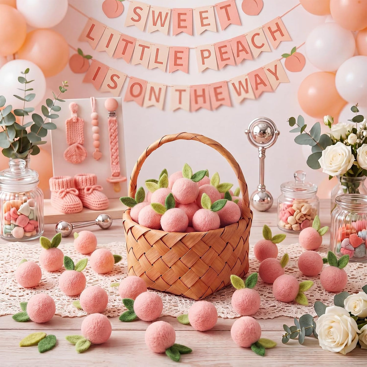 36 Pcs Peach Party Decorations Artificial Felt Fake Peach Cute Faux Peaches Centerpieces for Table Birthday Baby Shower Gender Reveal Party Decor Photography Prop