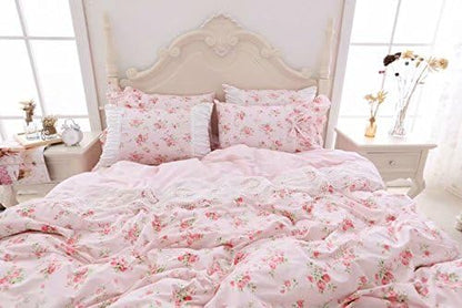 Romantic Roses Print Duvet Cover Set with Bed Skirt Pink Lace Ruffle Floral Shabby Chic Bedding Sets Full 4 Piece