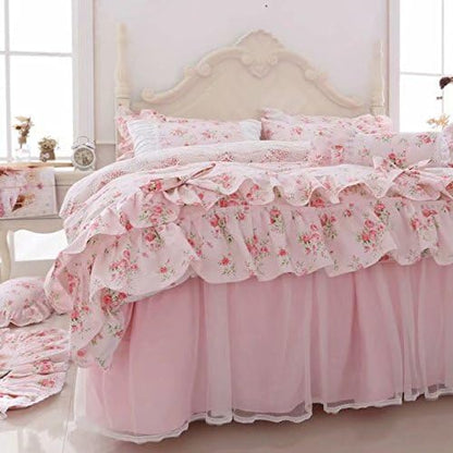 Romantic Roses Print Duvet Cover Set with Bed Skirt Pink Lace Ruffle Floral Shabby Chic Bedding Sets Full 4 Piece