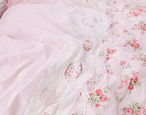 Romantic Roses Print Duvet Cover Set with Bed Skirt Pink Lace Ruffle Floral Shabby Chic Bedding Sets Full 4 Piece
