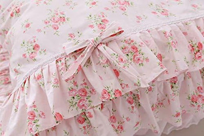 Romantic Roses Print Duvet Cover Set with Bed Skirt Pink Lace Ruffle Floral Shabby Chic Bedding Sets Full 4 Piece