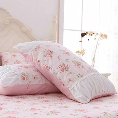 Romantic Roses Print Duvet Cover Set with Bed Skirt Pink Lace Ruffle Floral Shabby Chic Bedding Sets Full 4 Piece