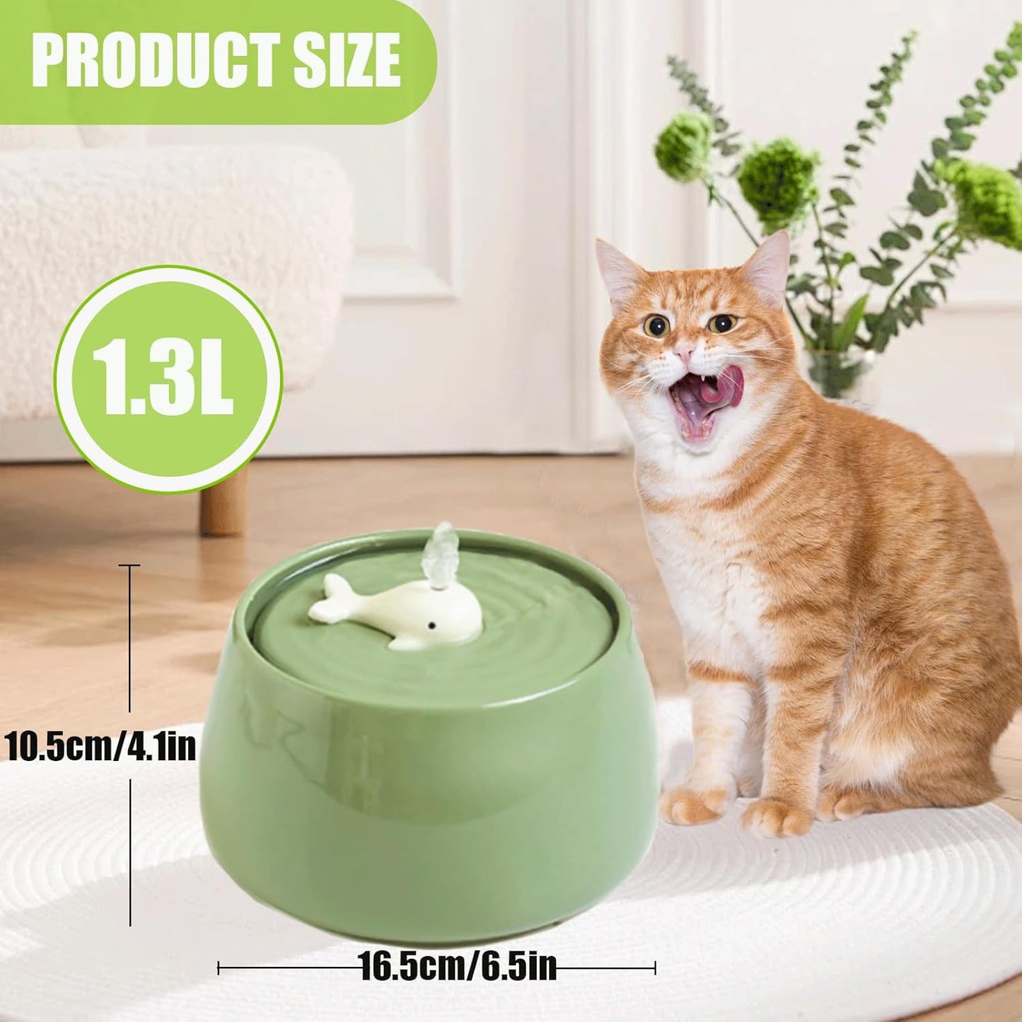 Ceramic Cat Water Fountain, 45oz/1.3L Porcelain Cat Water Dispenser, Automatic pet Water Fountain with Ultra-Quiet Pump, Perfect for Cats and Small Dogs, Cute Design (Green)