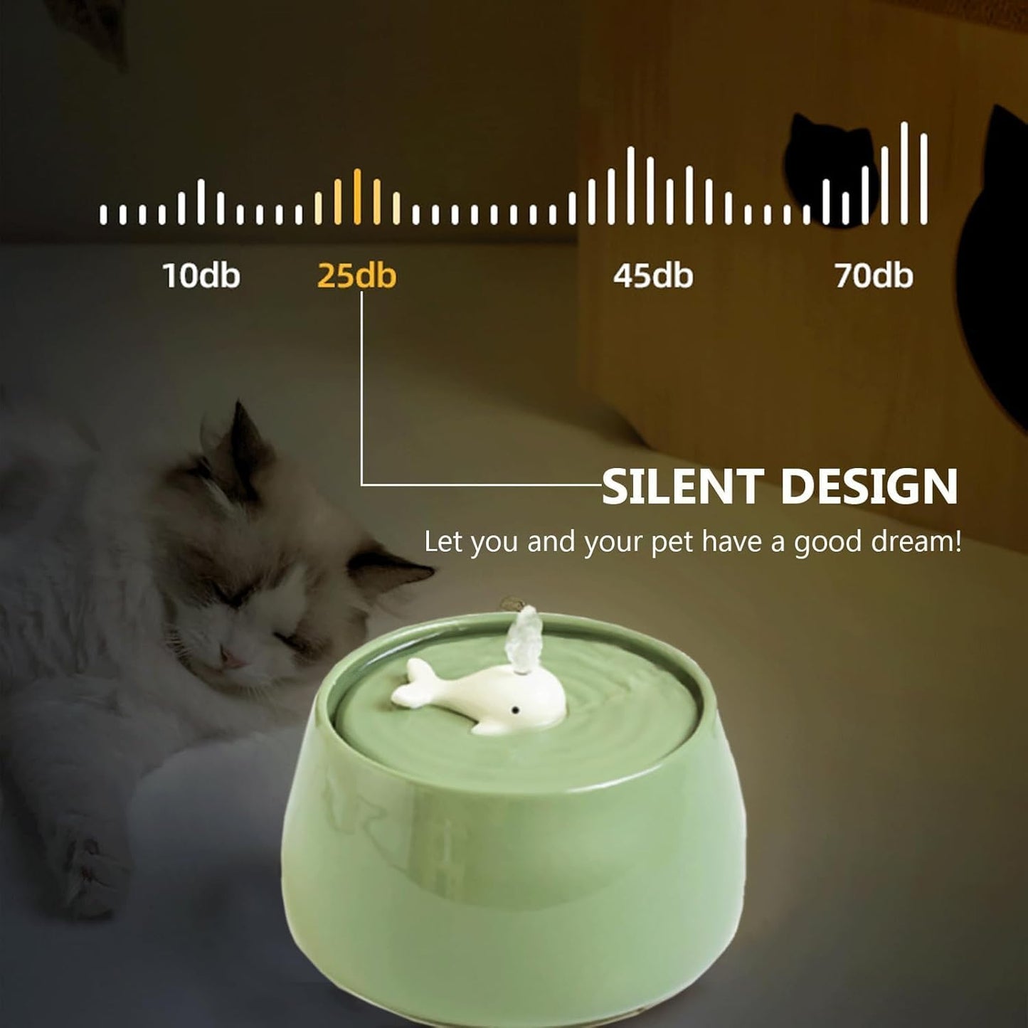 Ceramic Cat Water Fountain, 45oz/1.3L Porcelain Cat Water Dispenser, Automatic pet Water Fountain with Ultra-Quiet Pump, Perfect for Cats and Small Dogs, Cute Design (Green)